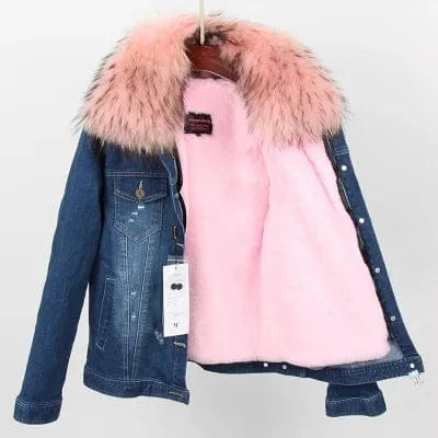 M / Pink with black tip Women Denim coat Faux fur thick lining coat raccoon fur Big collar bomber jacket