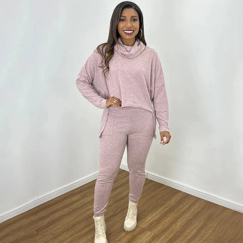 M / Pink ZHEZHE 2024 Autumn And Winter Women's Solid Color High Neck Sweatshirts And Gym Leggings 2 Piece Set Women Lounge Wear