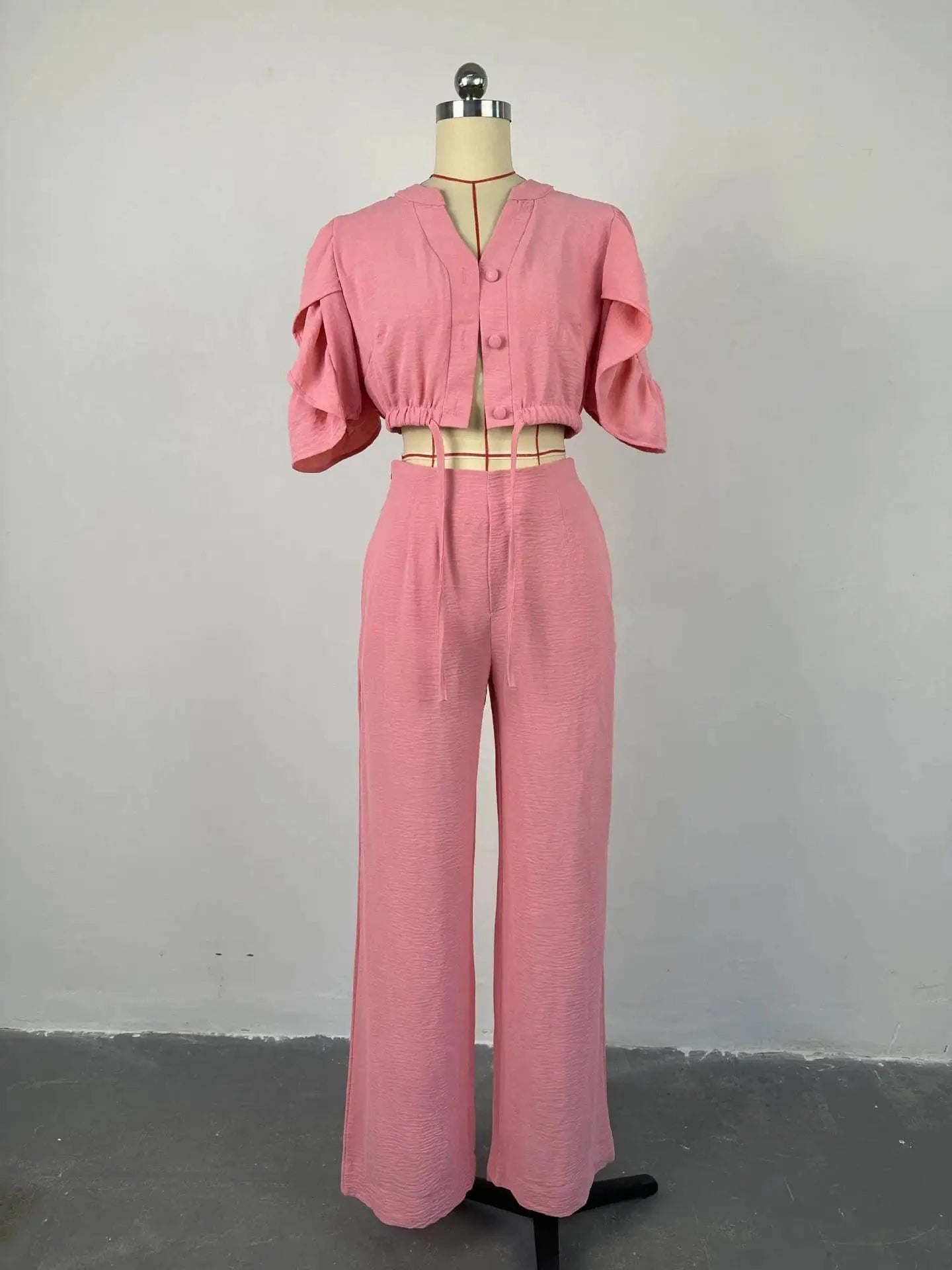 M / Pink ZHEZHE Summer Outfits For Women Fashion V-neck Flared Sleeve Strap Top And Wide Leg Pants Two Piece Set Women Clothing