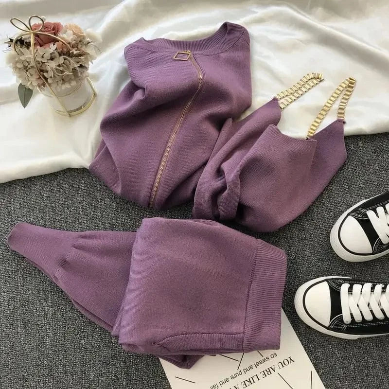 M / Purple 2024 New arrivals women long sleeve zipper cardigan and tank set sweater pants set women 3 piece cardigan set