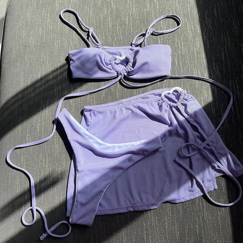 M / Purple 2024 Sexy Spaghetti Strap Bandeau 3 Piece Bikini Set Women Swimsuit Skirt Swimwear Solid Ribbed Push Up Bathing Suit Wholesale