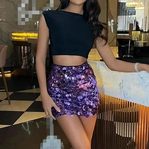 M / Purple 2024 Spring Women's Clothing High Waist Sexy Mini Skirt Streetwear Sequin Bodycon Skirt For Ladies