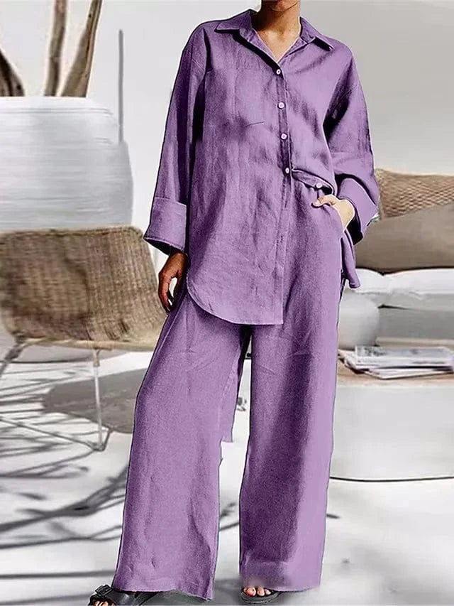 M / Purple DAMOCHIC New Arrivals Two Piece Set Women Clothing Fall 2023 Loose Casual Shirt Ladies Wide Leg Pants 2 Piece Women Set Plus