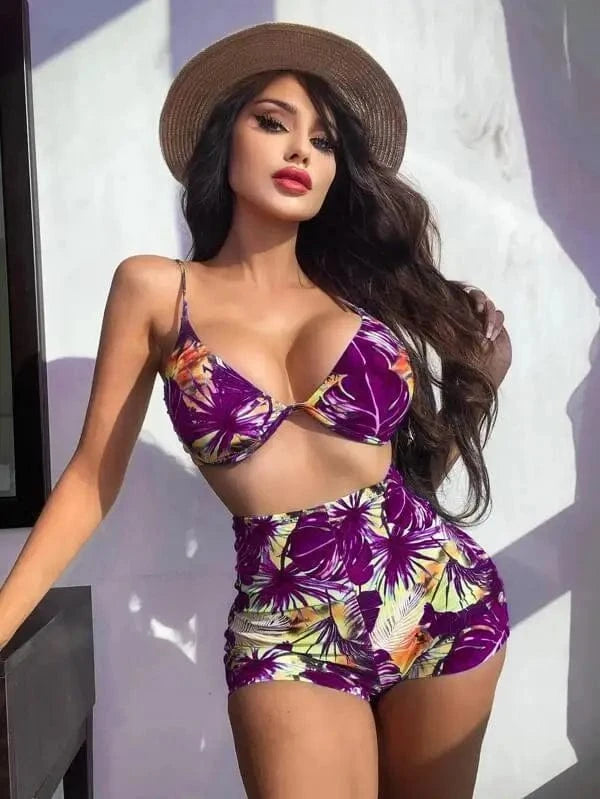 M / Purple DAMOCHIC Wholesale Stamp Backless Swimsuit for women Summer The steel supports gather Bikini High-Waisted Bathing Suit 2023