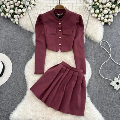 M / Purple Fashion Celebrity Style Two Piece Set Autumn New Long Sleeve Suit Coat High Waist Pleated Half Body Short Skirt Set