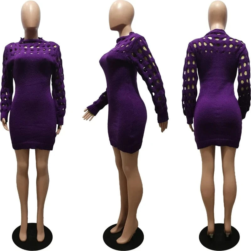 M / Purple ladies women spring 2024 sexy red knit jersey long sleeve hollow out bodycon night club dress spring 2023 clothing for women