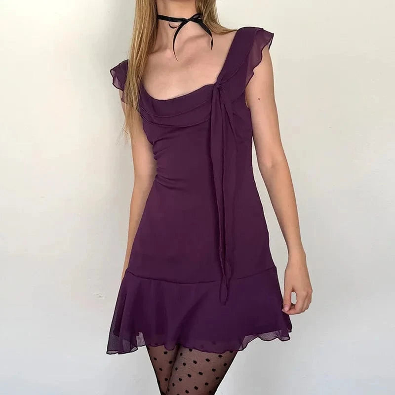 M / Purple Lygens 5426 Solid Slim Ruffles Sleeveless Mini Zip Back Women'S Dresses 2024 Summer Y2K Dropshipping Party Casual Clothing