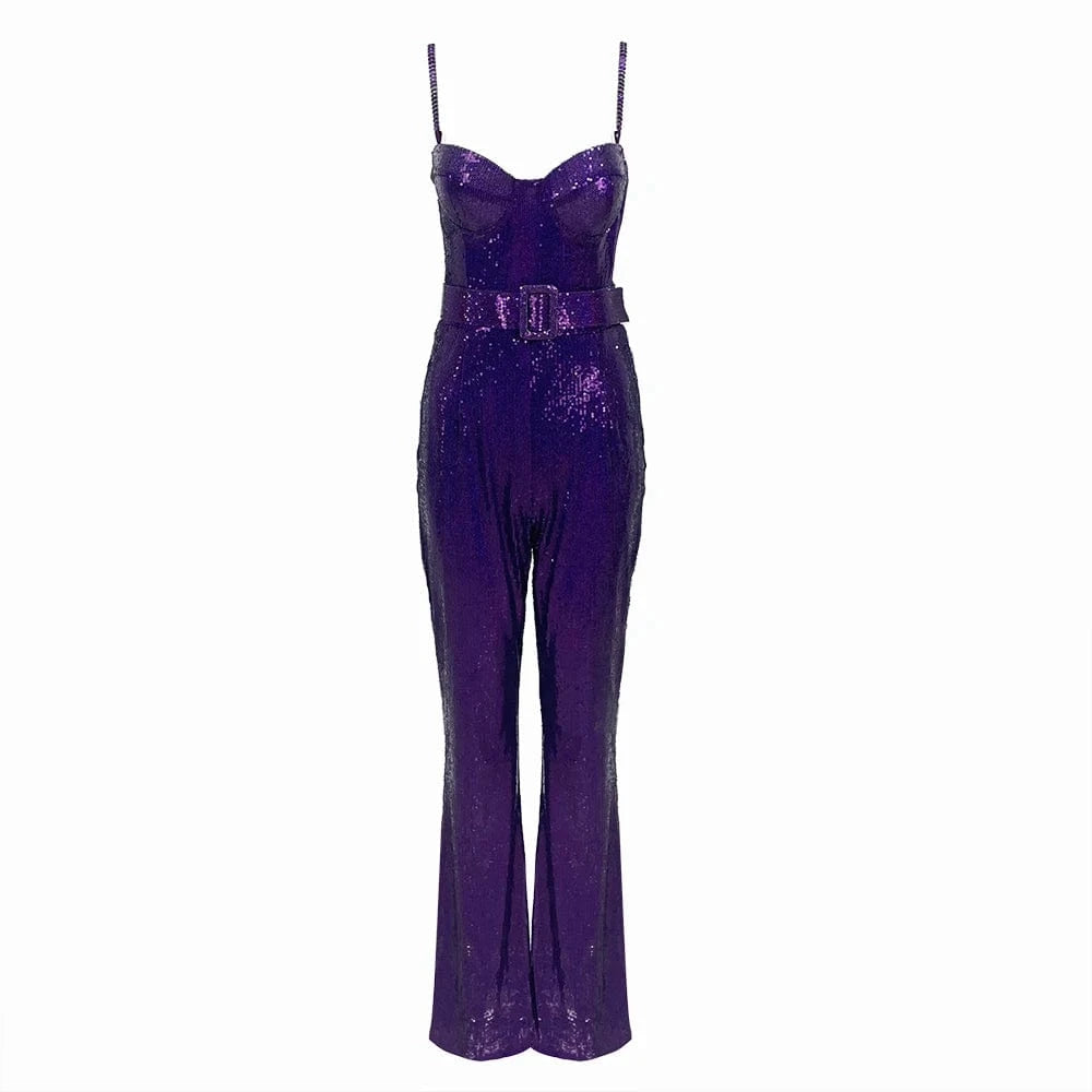 M / Purple Summer Sexy Elegant White Bodysuit Sequin Rompers Women's Jumpsuits With Belts