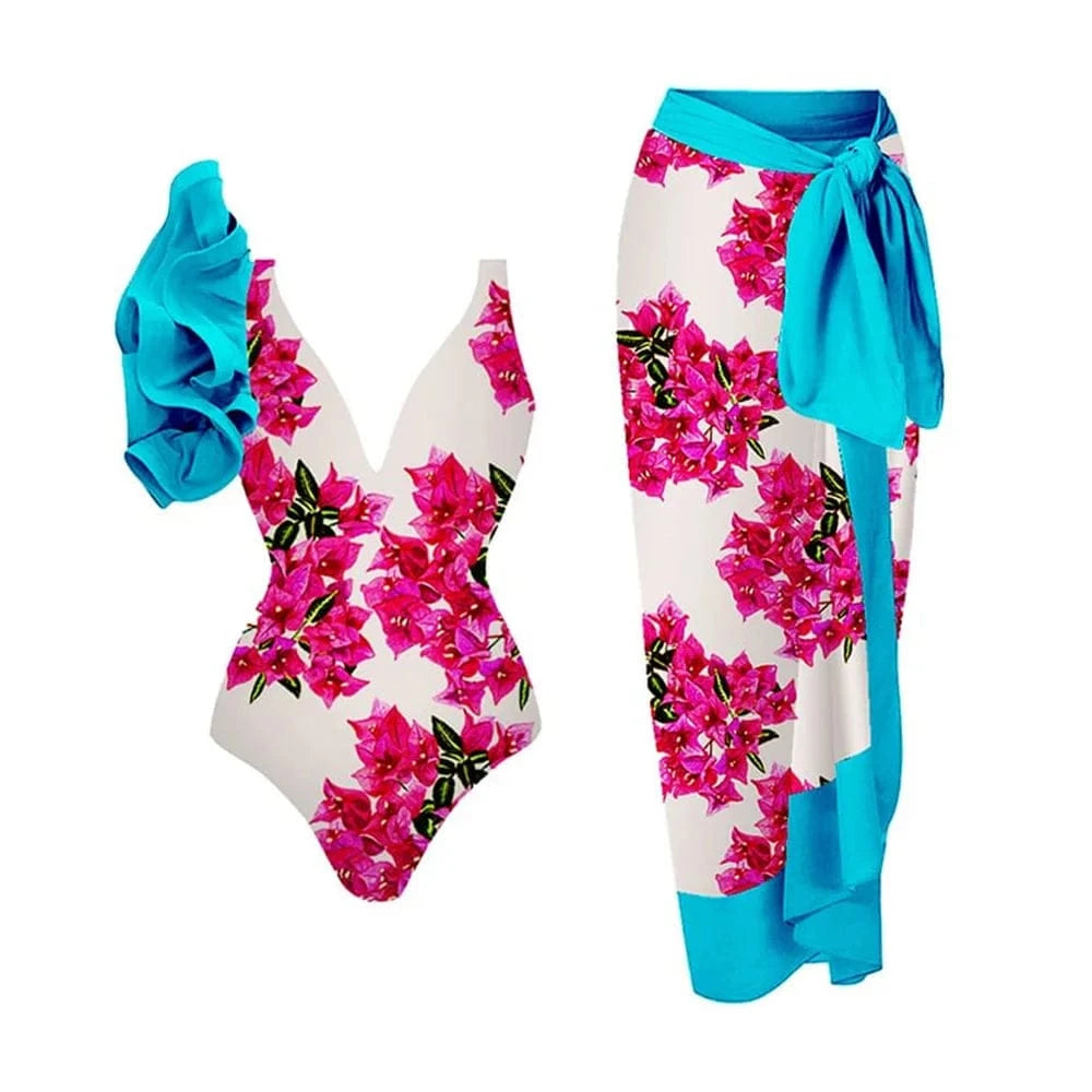 M / QJY147Y1 Bestway 2024 New Ruffle Swimsuit floral print One Pieces Bathing Suit and beach Sarong For Women V-Neck swimwear Monokini Skirt
