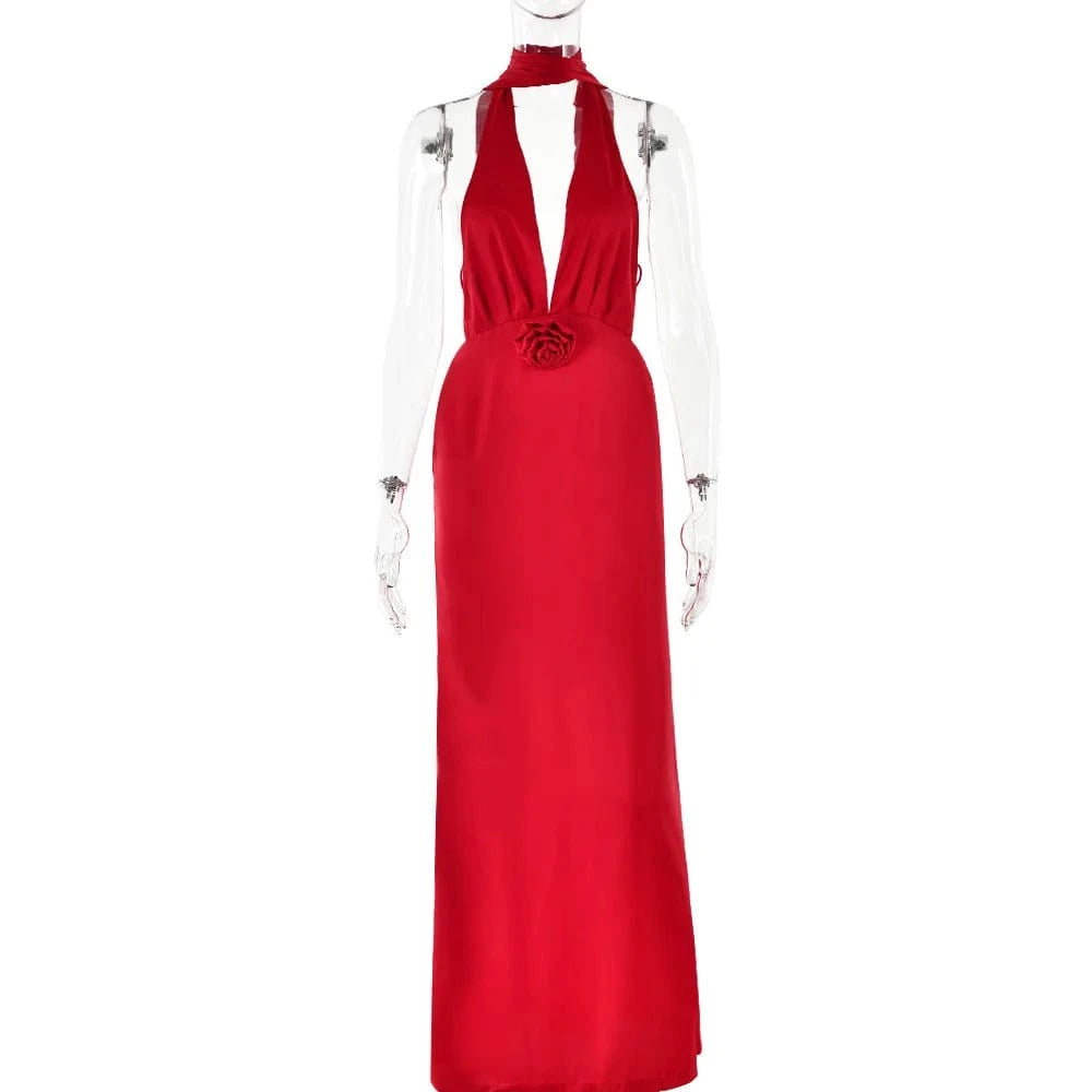 M / Red 2024 elegant halter neck ladies backless dress party club wear women long pencil dress