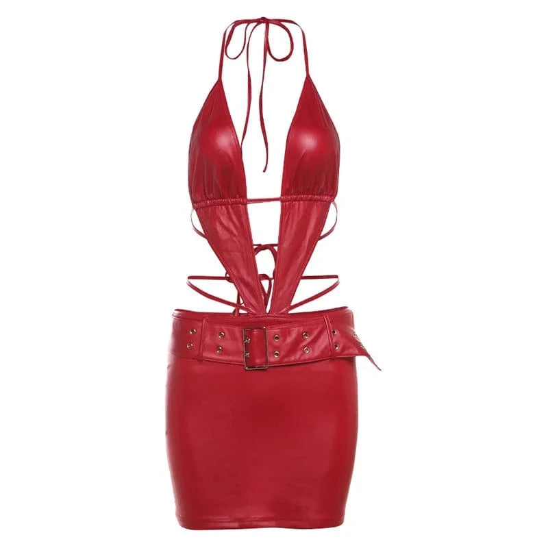 M / Red 2024 New Summer Deep V Neck Halter Dress Hollow Out Bodycon Mini Dress Sexy Backless Pu Leather Dress With Belt