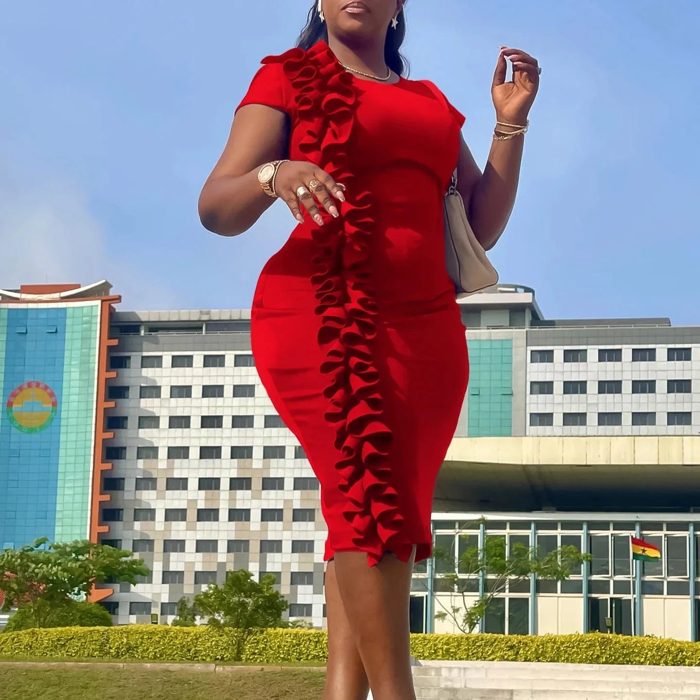 M / Red 2024 Summer O Neck Sleeveless Classy Ruffle Plus Size Women Office Career Dress