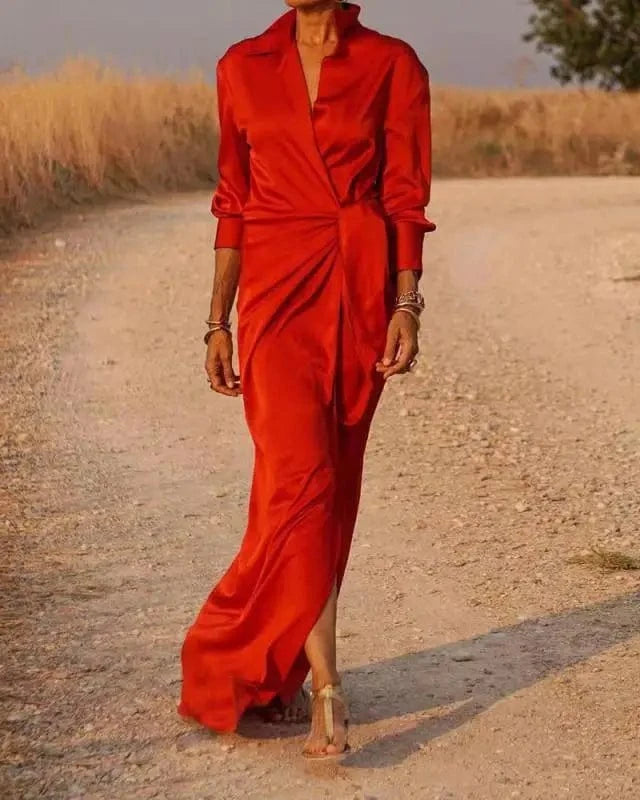 M / Red 2024 Women's Clothing Ladies Lace -up High Waist Split Mopping Dress Long -sleeved Lapel Sexy Dress