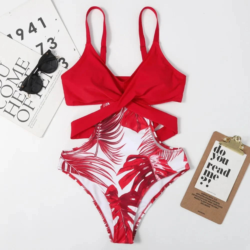 M / Red 2024 Womens Leaves Printed Bandage Hollow Slim Swimsuit Sexy Suspender Bikini Padded One-piece Swimsuit Bathing Suits