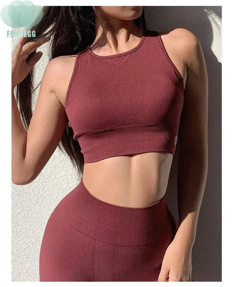 M / Red custom logo Ladies Yoga Set Shockproof Vest Bra Breathable Fitness Sports Running Suit wide strap bra and legging crop top