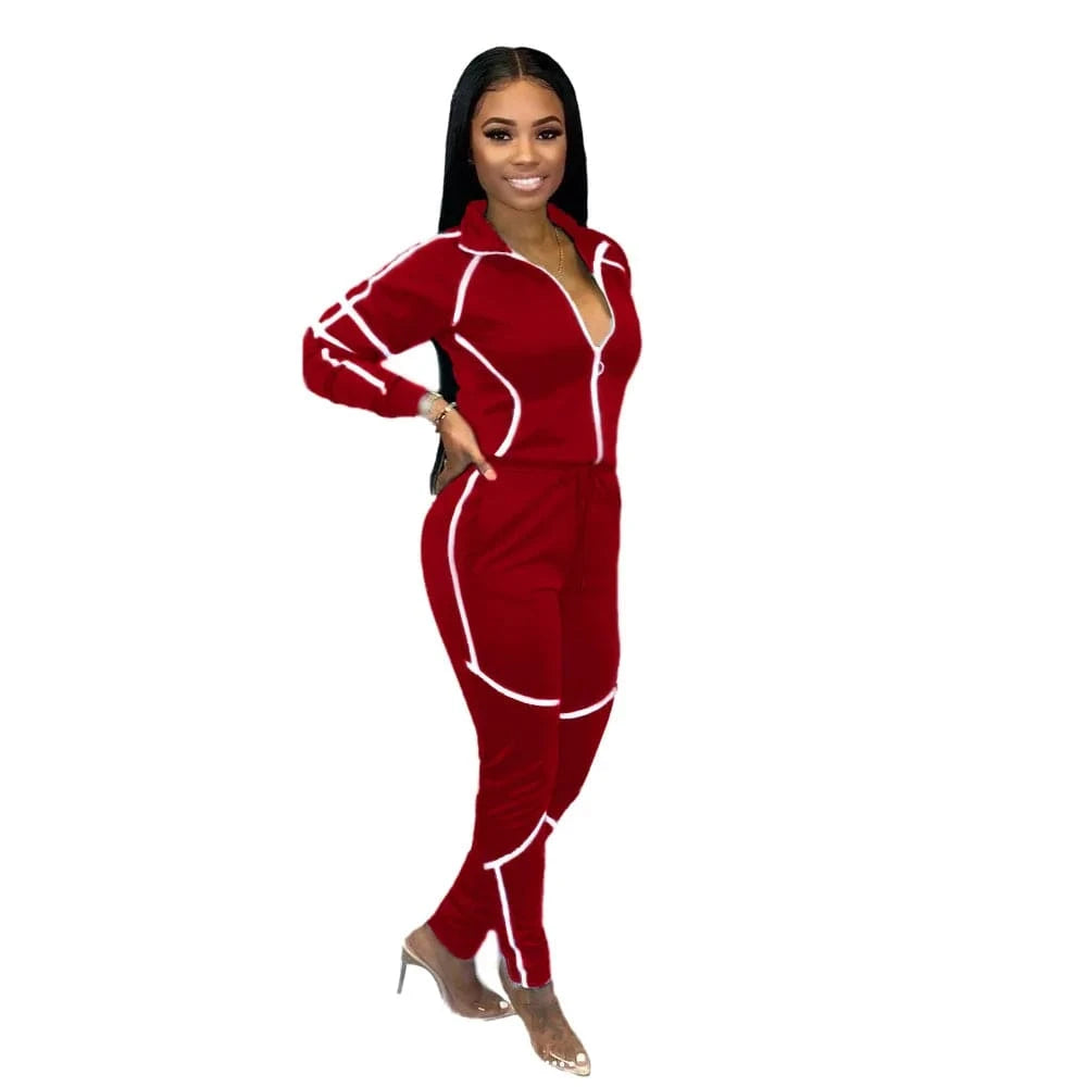 M / Red Custom Logo Splicing Women Two Piece Outfits Zip Top Jacket Elastic Jogging Pants Streetwear Casual Sweatsuit Tracksuit Set