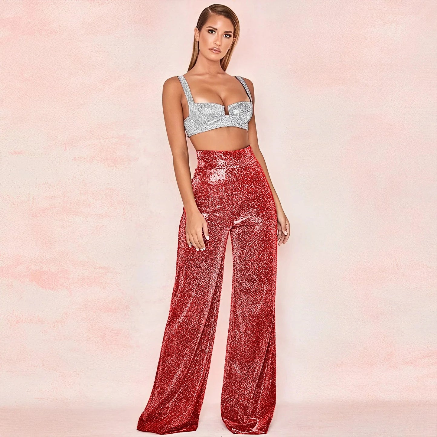 M / Red DAMOCHIC Custom Logo Wide Legged Women Pants Red Sequin Trousers for Ladies High Waist Loose Back Zipper Wholesale Palazzo Pants