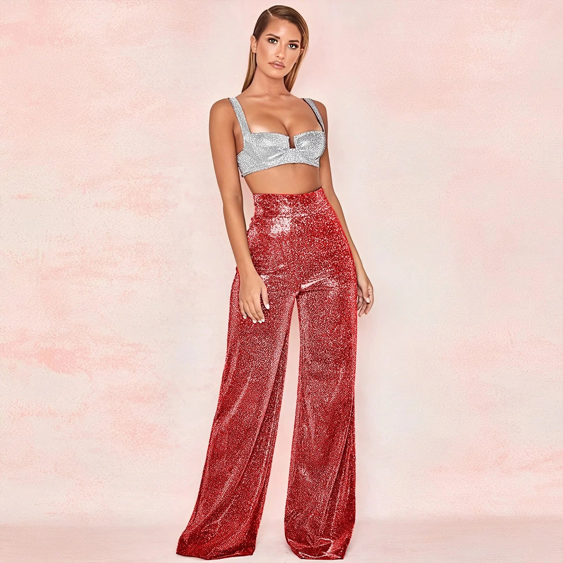 M / Red DAMOCHIC Custom Logo Wide Legged Women Pants Red Sequin Trousers for Ladies High Waist Loose Back Zipper Wholesale Palazzo Pants
