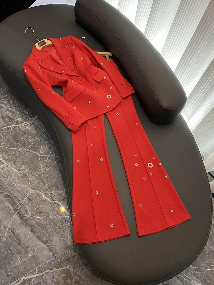 M / Red Fine Workmanship Lady Solid Stylish Metal Holes Office Wear Single Button Blazer Flared Pants 2 Pieces Sets Women