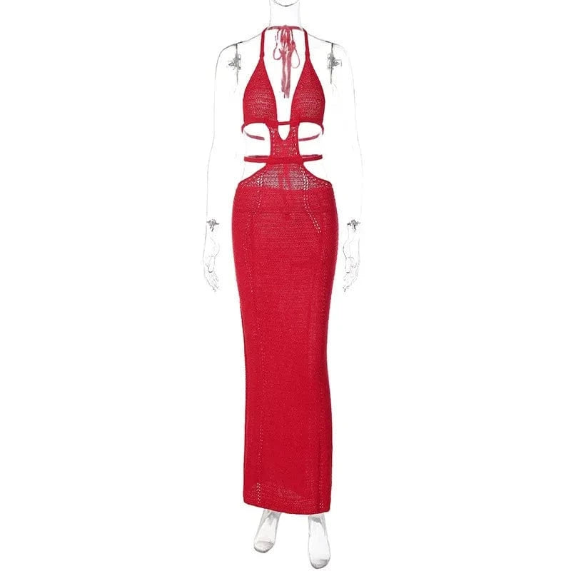M / Red Hot Selling Sexy Halter Long Dress V-neck Summer Dress Club Wear for Women 2024