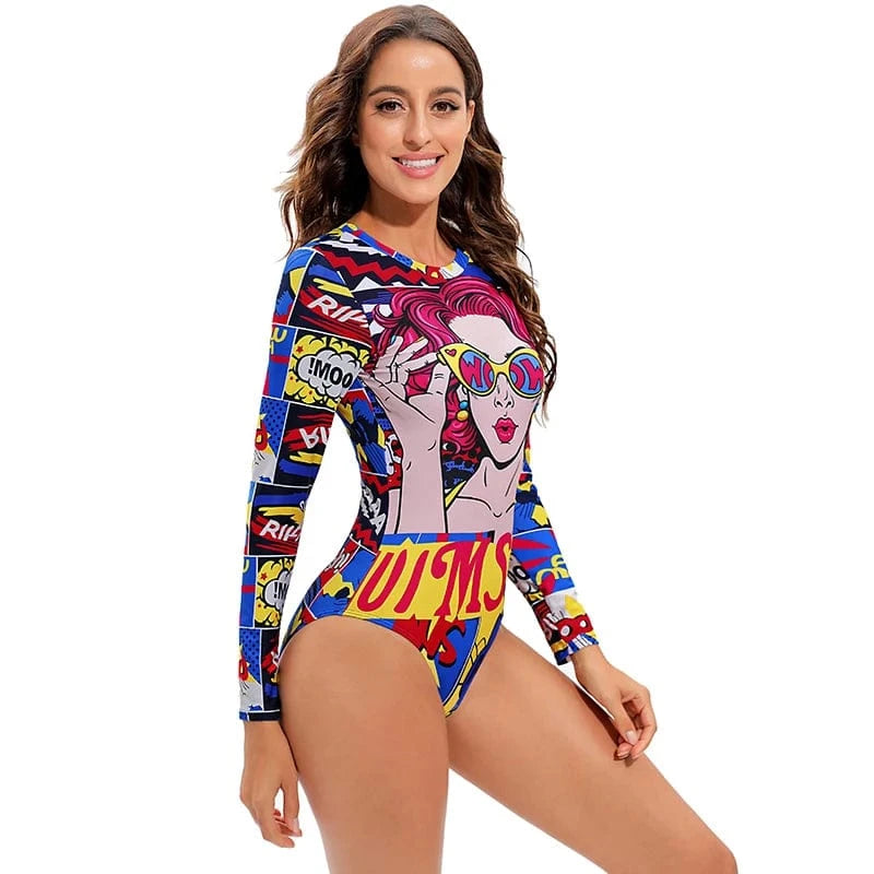 M / Red JSN72005 High quality best sales long sleeve pattern rashguard one piece swimsuit bikinis & beachwear women 2022 swimwear