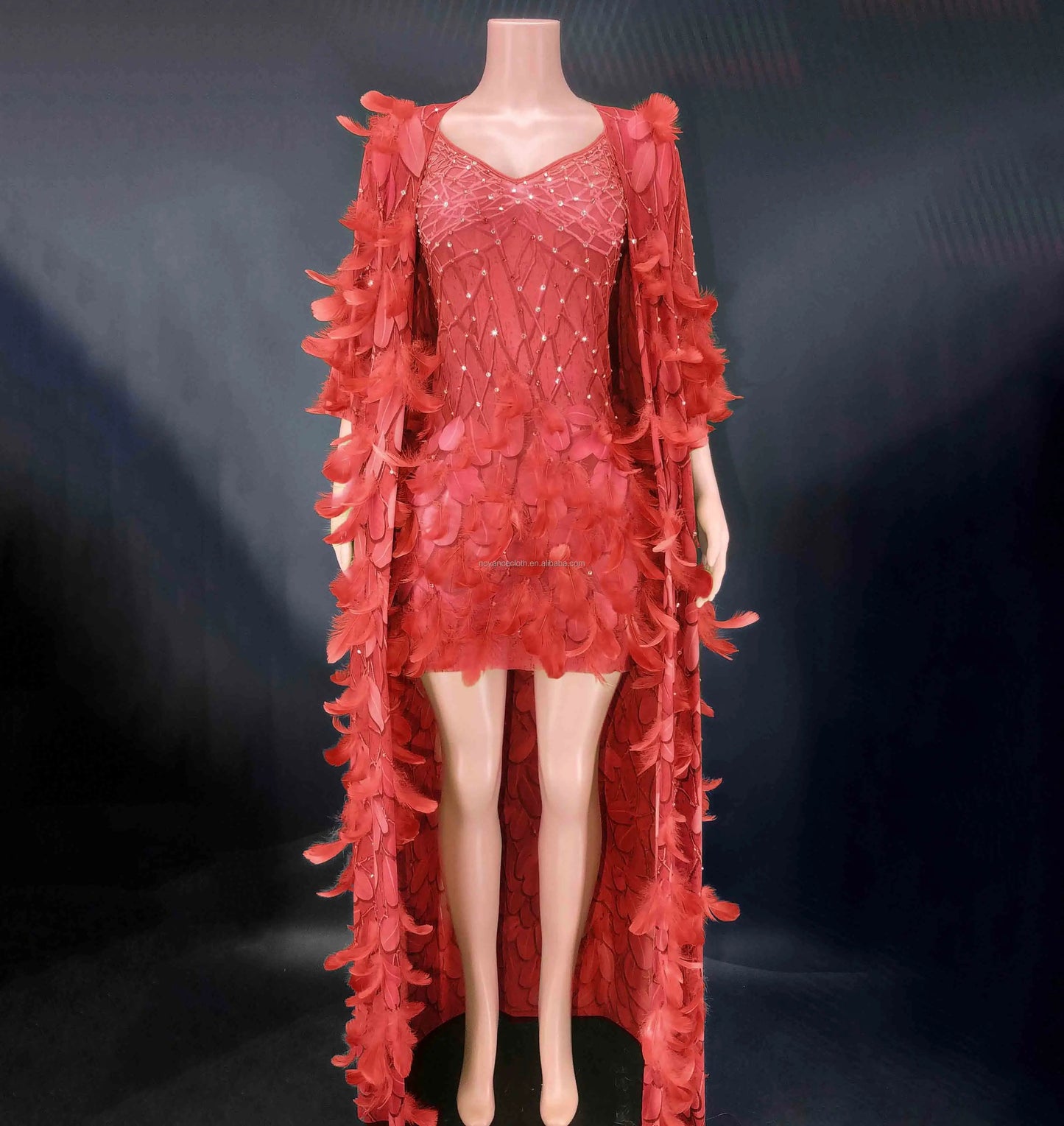 M / Red NOVANCE 2024 purple feather sexy mini shiny diamonds elegant evening dress with cape women sling plus size clothes for evening