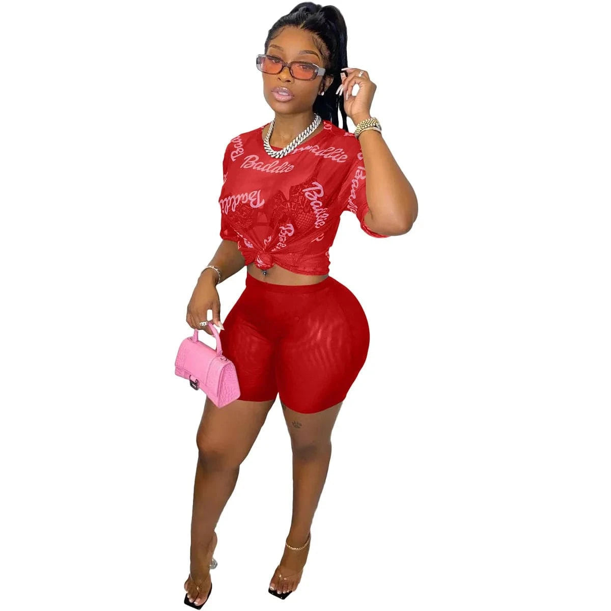 M / Red Perspective Mesh Outfits Fashion Letter Printing Women Sexy Crop Top Shirt Booty Shorts 2 Piece Set