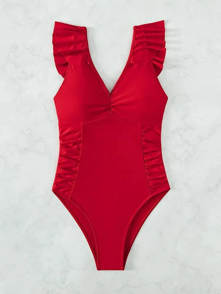M / Red Special Fabric One piece swimwear 2024 Sexy One Shoulder Ruffle Swimsuit Women Backless Bathing Suit Beachwear Push Up Monokini