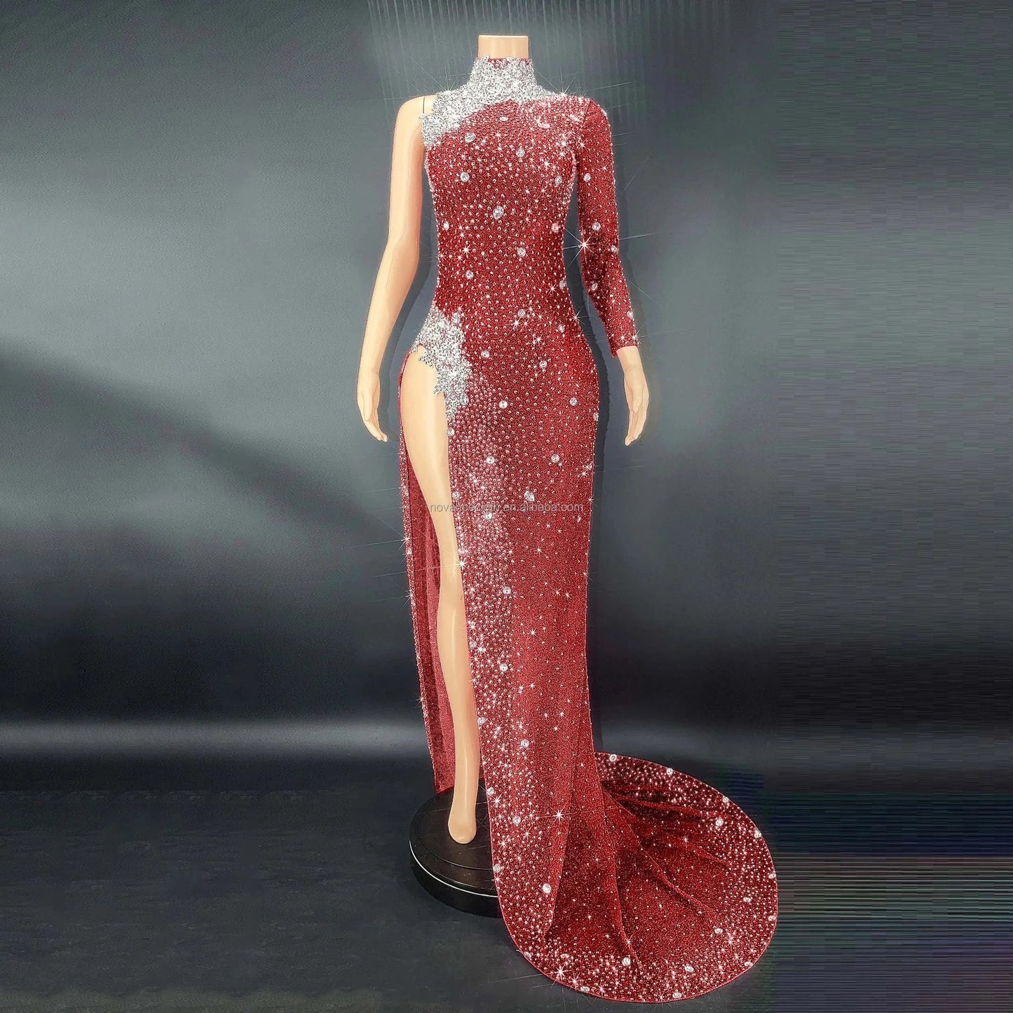 M / Red Wholesale Clothing Vendor Mint Stylish Maxi Dress With Long Sleeve Evening Dress One Shoulder Luxury Party Vetement Pour Femme