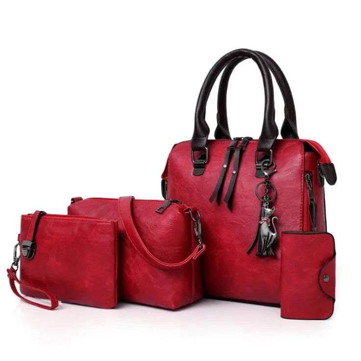 M / Red Wholesale Fashion Ladies PU Leather Hand Bags Shoulder Purse Card Holder 4pcs Handbags for Women Luxury Set
