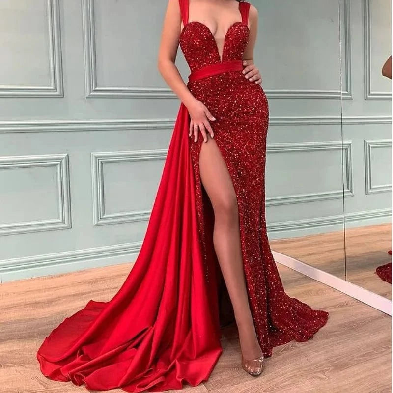 M / Red women's Sequin tassel Slim bodycon off the shoulder red sexy satin evening dress