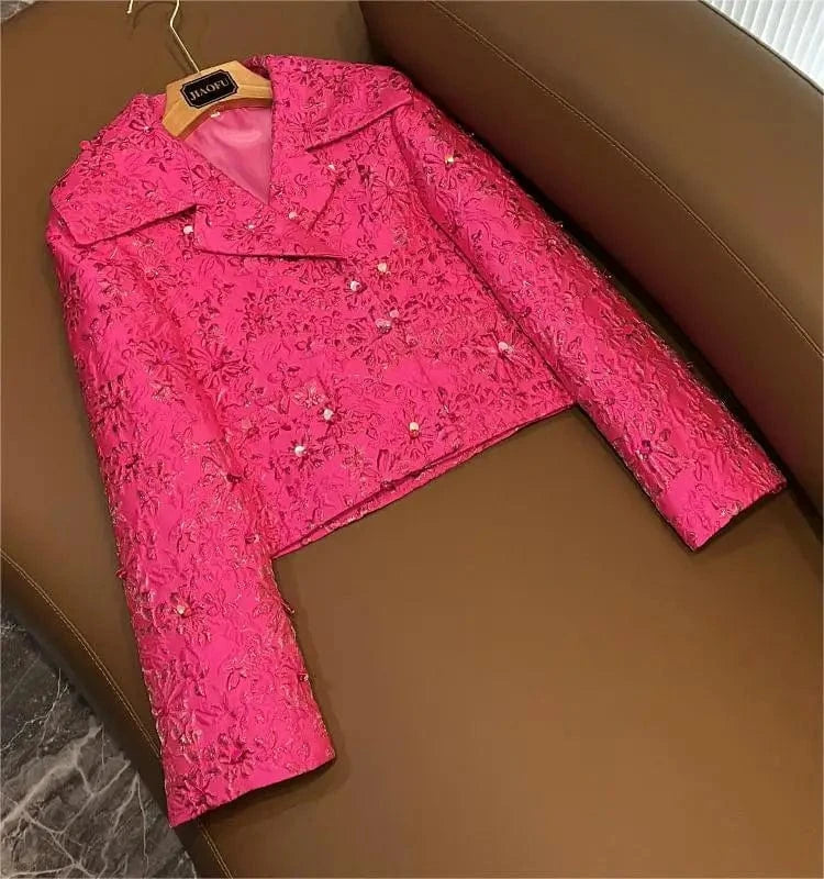 M / Rose Madder Luxury Fine Workmanship Jacquard Beading Lady Office Wear Long Sleeve Women Spring Stylish Short Blazer