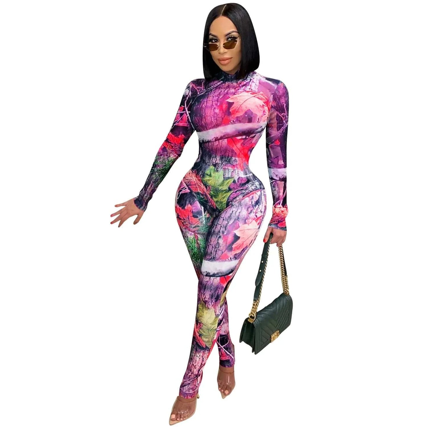 M / Rose Red Sheer Mesh See Through Pattern Print 2 Piece Set for Women Long Sleeve Bandage Bodysuits Skinny Legging Sweat Suit Outfits