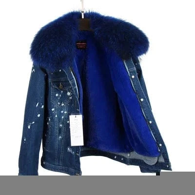 M / Royal Blue 2 Women Denim coat Faux fur thick lining coat raccoon fur Big collar bomber jacket