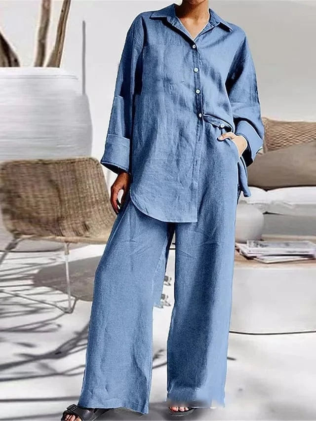 M / Royal Blue DAMOCHIC New Arrivals Two Piece Set Women Clothing Fall 2023 Loose Casual Shirt Ladies Wide Leg Pants 2 Piece Women Set Plus