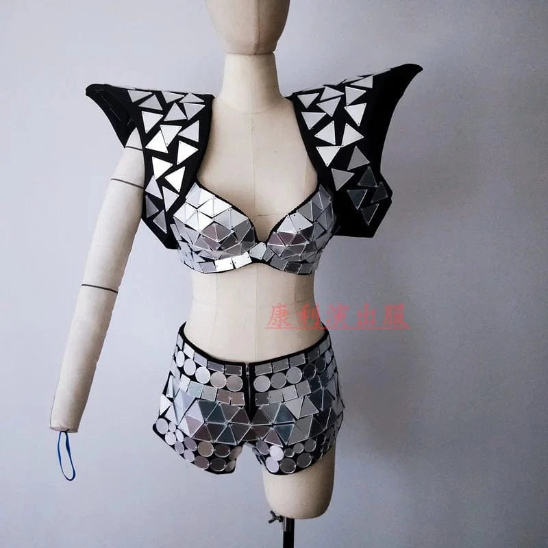 M / silver Shiny Bling Sequins Bikini Bra + Shorts 2 Piece Set Women Exotic Dancewear Outfit Set Club Show Singer Stage Performance Costume