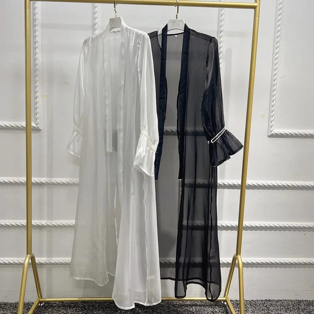 M / sku 1 Abaya Ruffle Sleeve Open Front Robe Ramadan Eid Turkey Shiny Satin Islamic Clothing Flowy Beaded Open Abaya