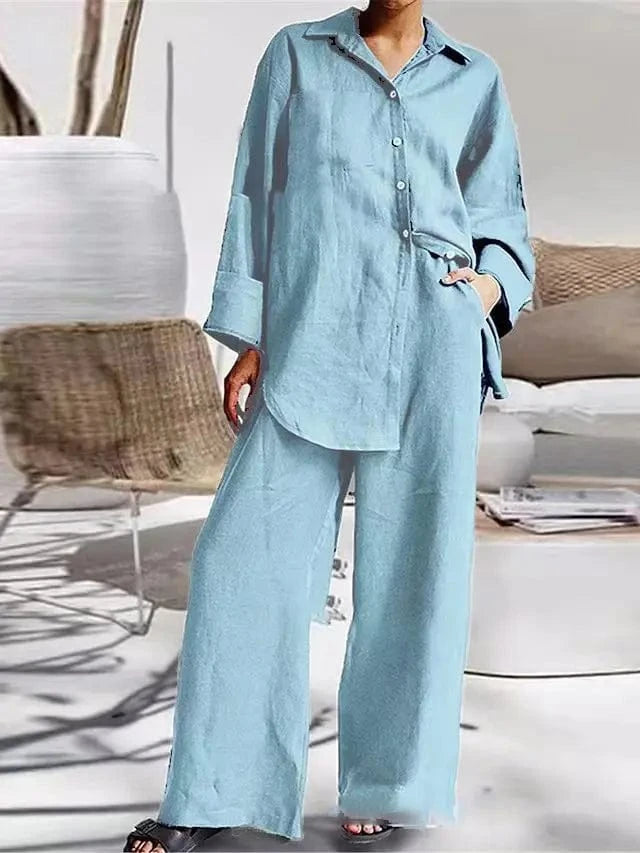 M / sky blue DAMOCHIC New Arrivals Two Piece Set Women Clothing Fall 2023 Loose Casual Shirt Ladies Wide Leg Pants 2 Piece Women Set Plus