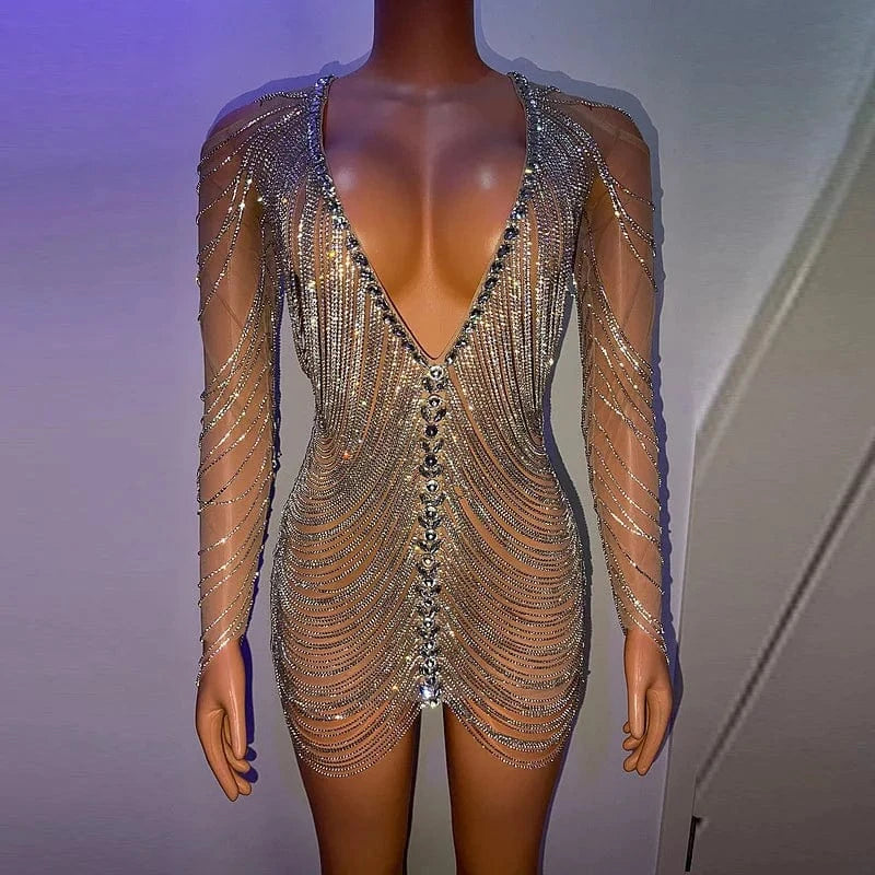 M / sliver Sexy Beaded Tassel Chain Short Mesh Dress Sexy Women Club Black Crystal Stone Design Wedding Apparel dress