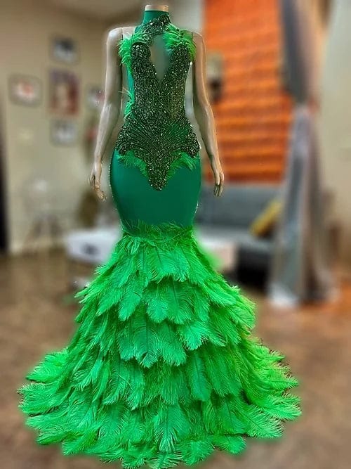 M / TH231205005 Ocstrade Feather Rhinestone Party Evening Dress Emerald Green Prom Dress 2023 Women Ball Gown Plus Size Prom Dresses For Women