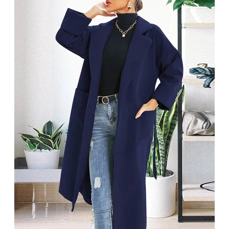 M / Tibetan blue DAMOCHIC New British Style Ladies Long Woolen Coat Fall Winter Elegant Casual Outwear with Belt Wool Blends Women Trench Coats