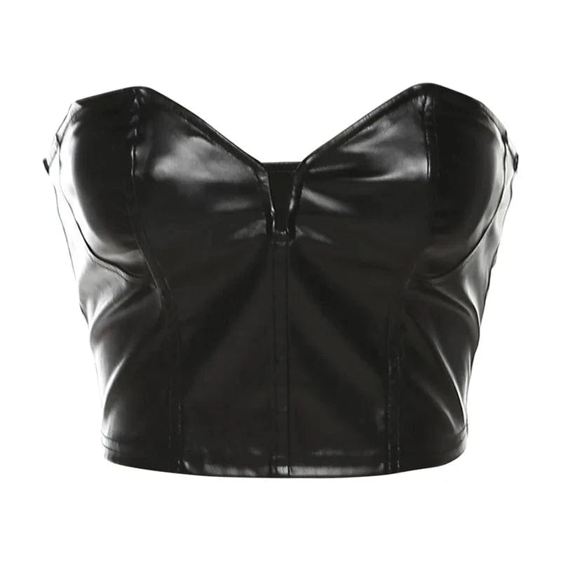 M / Top 2024 New Summer Women 2pcs Pu Dress Set Solid Color Off Shoulder Sleeveless V Neck Crop Top+pocket Metal Buckle Mini Skirt