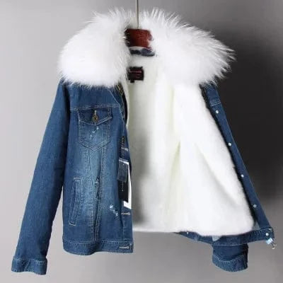 M / White 1 Women Denim coat Faux fur thick lining coat raccoon fur Big collar bomber jacket