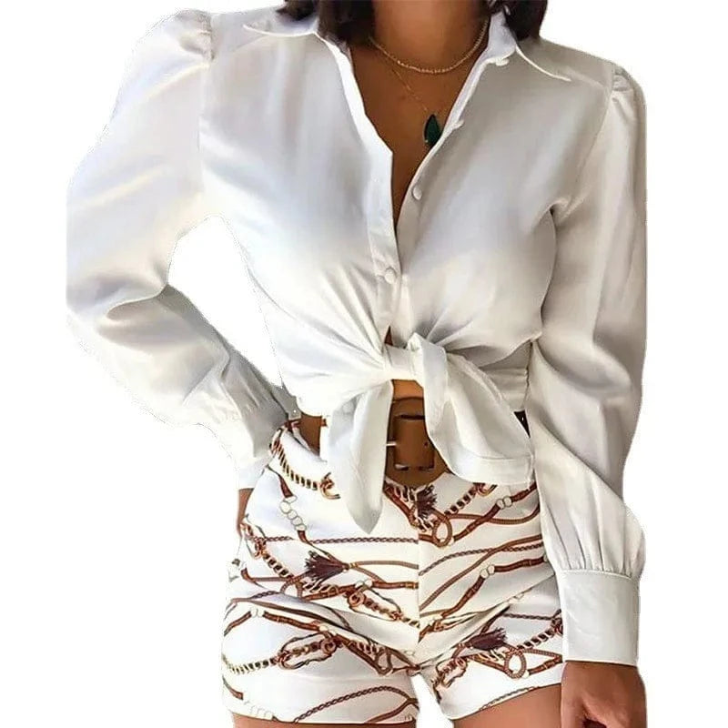 M / White 2024 Spring Fashion Leisure Suit Solid Color Long Sleeve Lapel Shirt Printed Shorts belt 3-piece Set Women Suit three Piece Set