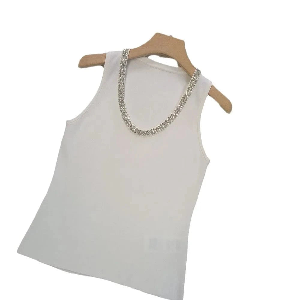 M / White 2024 Spring Summer Lady Fine Workmanship Rhinestone Beading V-neckline Sleeveless T-shirts Women Pullover Solid Knits  Tank Top