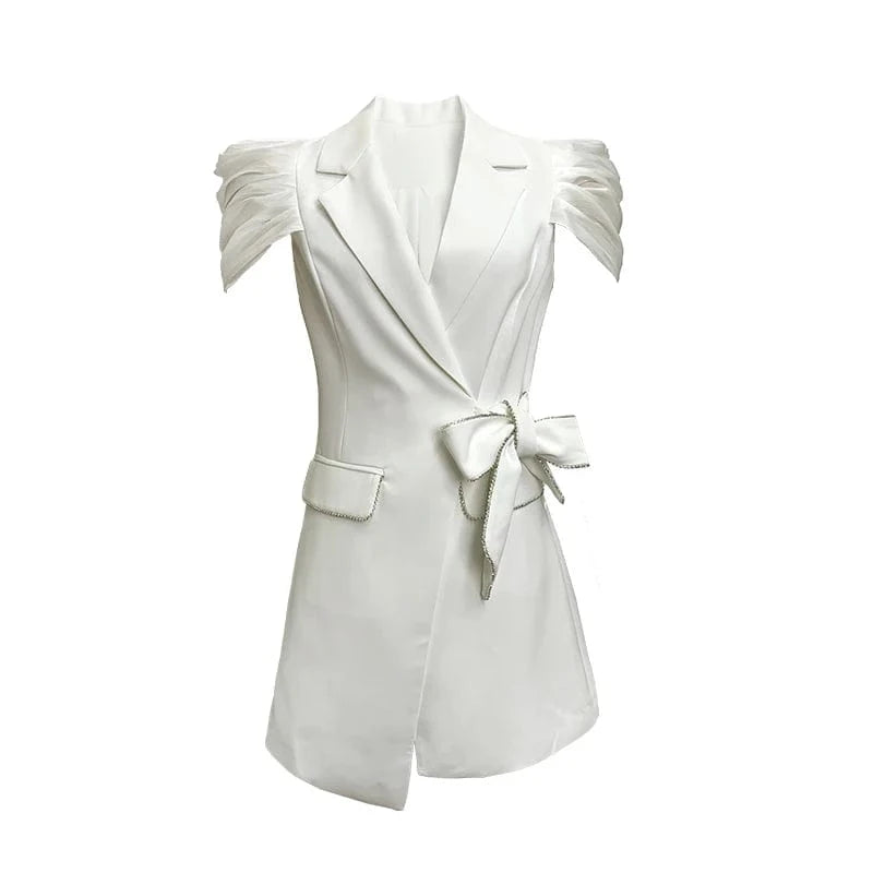 M / White 5693 Women Clothing Wholesale White Ruffle Sleeve V Neck Lady Casual Blazer Dress