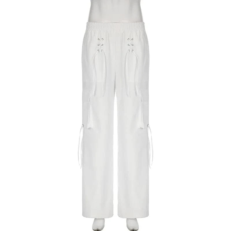 M / White Bomblook ASPT45 Bandage Pocket Woven Cargo Pants Men Baggy Pant Wide Leg Pants Women