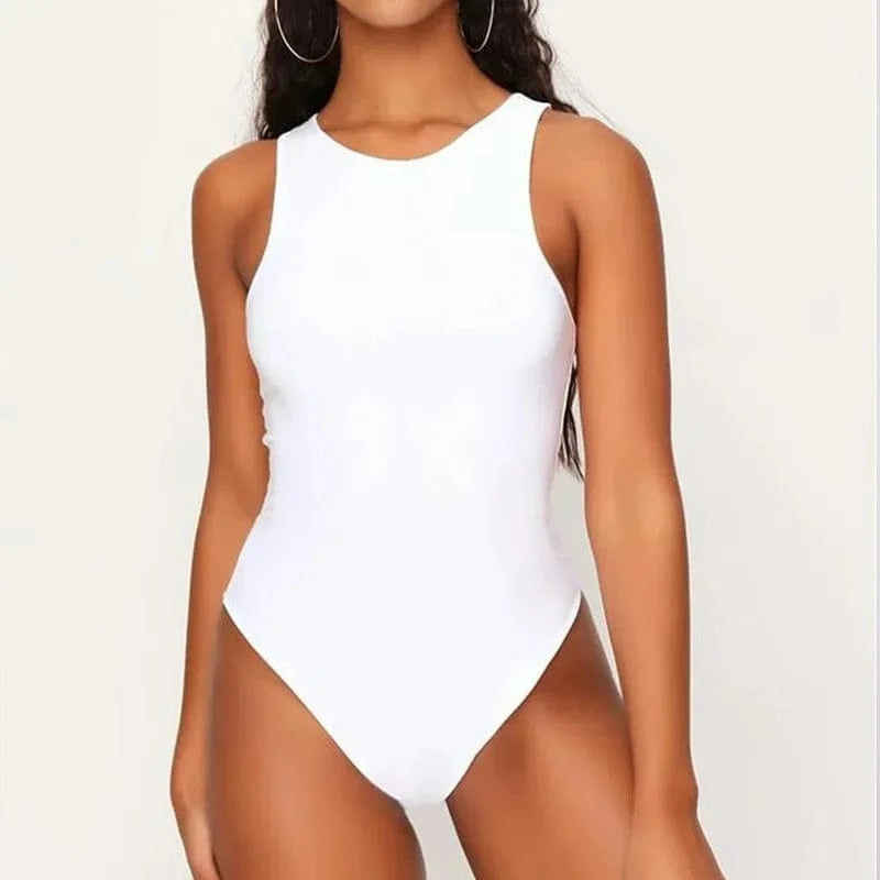 M / White DAMOCHIC Slim Womens Clothing Bodysuit Sleeveless Seamless Stretch Pink White Black Blue Bodycon Thong Bodysuits Top Custom