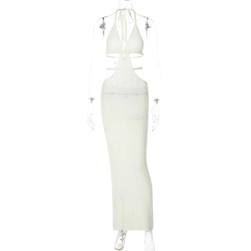 M / White Hot Selling Sexy Halter Long Dress V-neck Summer Dress Club Wear for Women 2024
