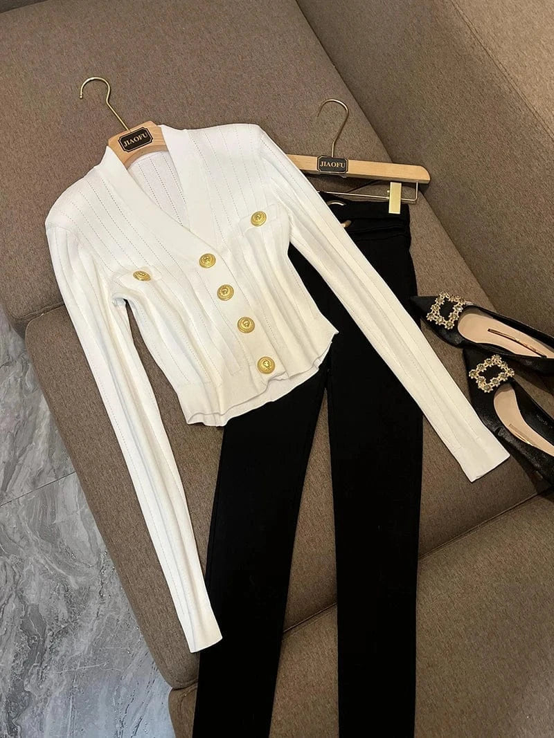 M / White New Arrival All Match Solid Top V-neckline Fine Workmanship Single-breasted Long Sleeve Women Knit Cardigan